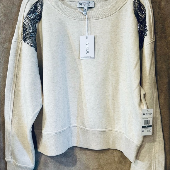 Jessica Simpson Sweaters - Jessica Simpson Oatmeal Heather Beaded Shoulder Crew Pullover – NWT – XL